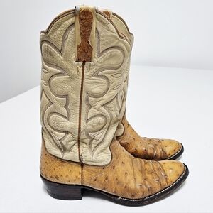 Longhorn Mens Vintage Handcrafted Ostrich Leather Boots Cowboy Western Tan 8.5